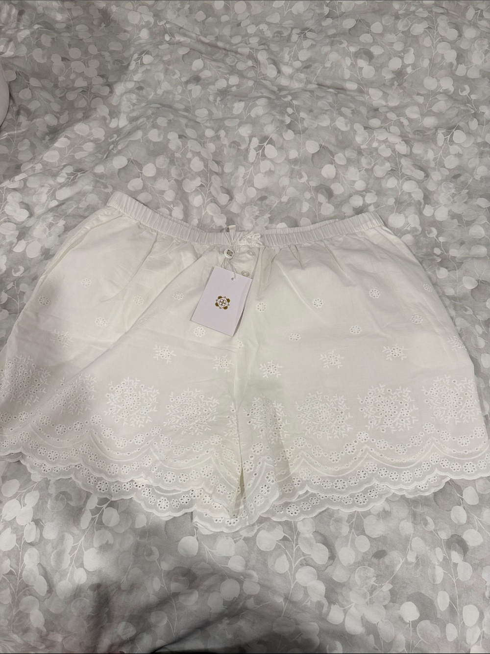 Wayf White High Waist Eyelet Scallop Hem Shorts